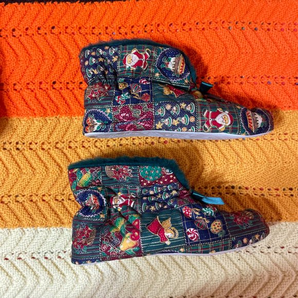 Christmas In the box 80s Sears green fur“Chintz” slipper boots with a nostalgic - Picture 7 of 13